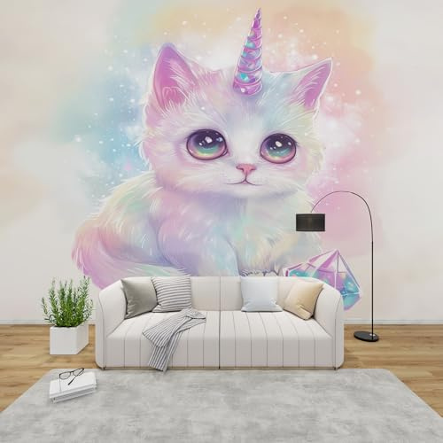 QEODAH Fototapete Katze Schlafzimmer, 3D Tapete Süße Cartoon Einhorn, Vliestapete Lila Weiß, Tapeten Wohnzimmer, Mädchen Kawaii Katze Wand Deko Kinderzimmer, Wandtapete, Mustertapete Vlies 200x140 cm
