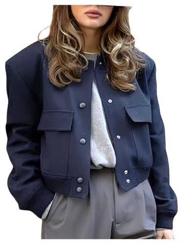 Shuanghao Giacca Corta da Donna College Felpa Baseball in Stile Retrò Classics Autunno-Inverno Casual Moda Unique Giacca a Vento Leggera Giubbotto Bomber da Donna con Polsini a Coste Navy Blu L