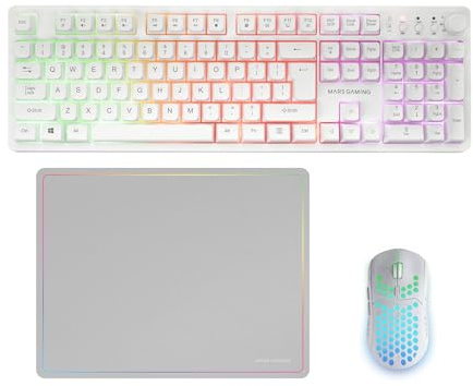 Mars Gaming MCPWX, Trådlös Gaming-Combo, DualPro Link 2.4GPRO-teknologi, Fullstorlek FRGB-tangentbord med Multimediakontroll + RGB 3200DPI-mus + Halkfri musmatta 360x260mm, Vit, Engelska US