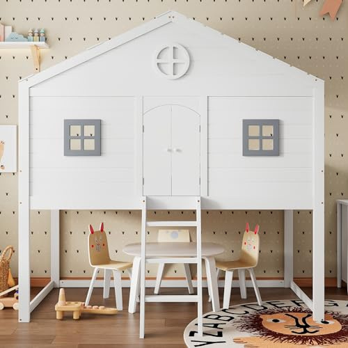 Idemon Cama de casa con dos VENTANAS y escalera • Cama alta certificada EN 747 de 90x200 cm • Cama infantil con rejas de protección contra caídas y ventanas grises • Cama de seguridad con espacio de
