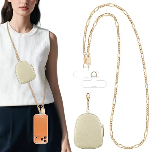 ROCONTRIP Phone Lanyard Crossbody with Pouch Clip and Go Phone Strap Adjustable Metal Chain with Zippered Purse and 2 Tether Tabs for Women（White Gold）