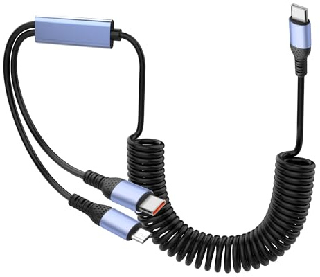 YACSEJAO 66W 2-in-1 Retractable Coiled USB Cable with Micro USB Type-C Connector for Phone,Laptop,Tablet,Multi-Charge Spring Cable 6A Fast Charging & Data Sync (USB C to Micro USB & Type-C)