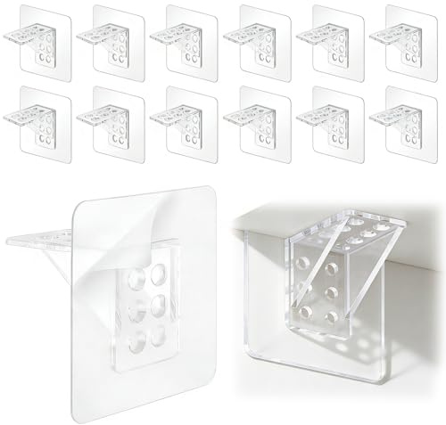 Transparente Regalbodenträger, 12 Stück Selbstklebende Klebewinkel für Schrank und Kleiderschrank, 70 x 70 mm, Ohne Bohren, Einlegeboden Halterung