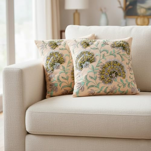 FINGERCRAFT Decorative Throw Pillow Cover Pack of 2 Soft Cotton Embroidered Cushion Cover, Bed Couch Sofa Living Room Pillow Case 18 X 18 Inch ICY Petal