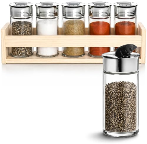 COM-FOUR® set de 6 dosificadores de especias, frascos con tapa en estante de madera, salero y pimentero para cocina y organización en diseño moderno (Juego de 6 piezas - separador/estante)