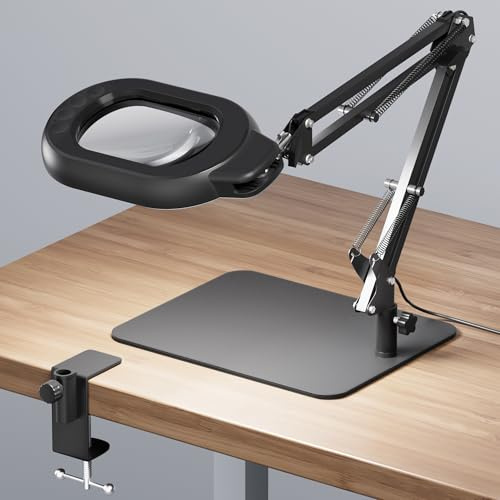 RIXGLEAM Lupe mit Licht und Ständer, 10-fach Lupenlampe mit Licht mit Verstellbarer Schwenkarm, Dimmbare Vergrößerungsglas mit 3 Farbmodi für Naharbeiten, Lesen und Basteln, Schwarz