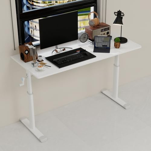 Scrivania Regolabile in Altezza con Metallo e Legno, Scrivania Studio Multifunzione con Regolazione Manuale, Tavolo da Lavoro Compatto, adatta a Casa e Ufficio, Bianco, 120 x 60 x 90 cm