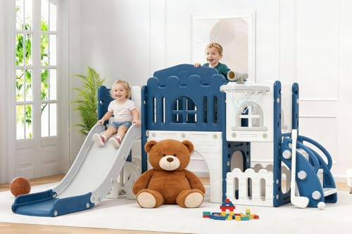 11-in-1 Toddler Slide and Climber Set with Basketball Hoop, Climbing Ladder, Tunnel, and Storage - Indoor Outdoor Freestanding Playset for Kids Age 1-3 - Playground Equipment with Activity Centre