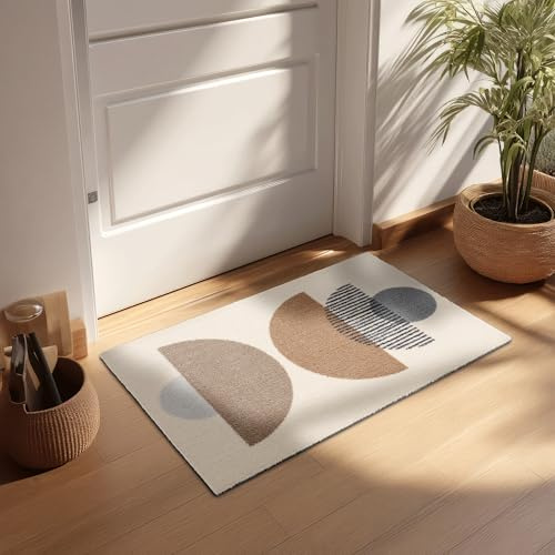 Rutschfeste Sauberlaufmatte innen - Beige Kreise 50 x 70 cm (Rechteckig) | Miabella Türmatte rutschfester Läufer Wohnraum Fußmatte extrem saugfähiger Küchenläufer waschbar bei 30°C Schmutzfangmatte