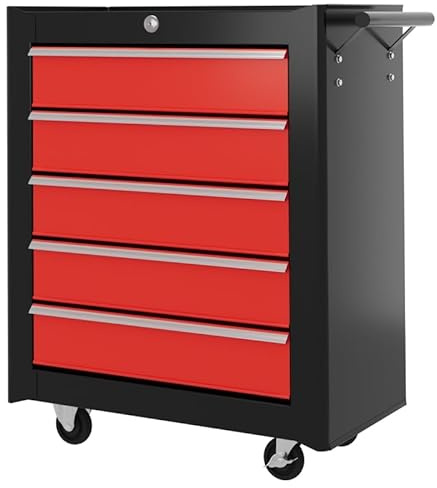 Fasba 5-Drawer Tool Chest with Wheels, Steel Lockable Tool Storage Cabinet with Handle, 2 Keys for Garage, Workshop, Red
