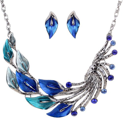 YAZILIND Ethnic Style Tibetan Silver Blue Peacock Crystal Chunky Bib Earrings Necklace Set Wedding Party