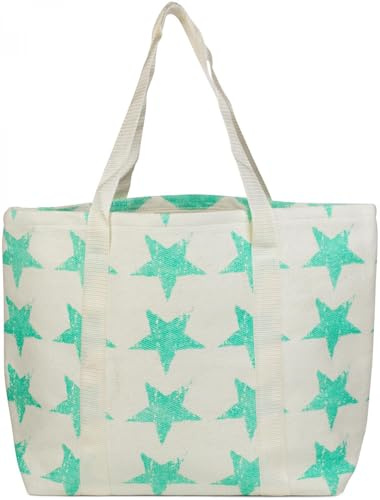 styleBREAKER Strandtasche XXL Sterne Vintage 54x36x25cm, Creme-Mint