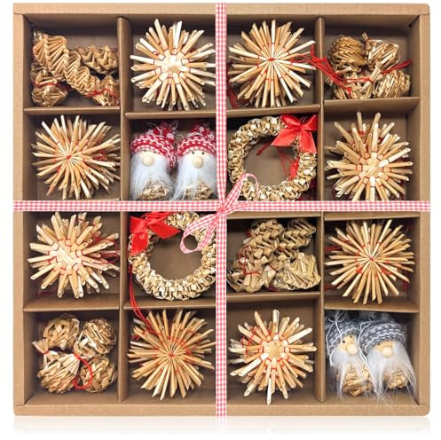 COM-FOUR® Juego de 56 Piezas de Adornos para árboles de Navidad - Estrellas, Campanas, abetos y Figuras Tradicionales como Adornos - pequeños Colgantes de Paja - Colgantes Naturales