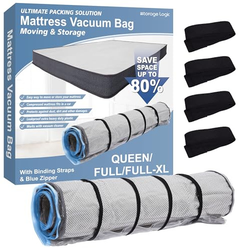 Storage Logic Foam Mattress Vacuum Bag with Blue Zipper, Mattress Storage Bag, Straps Included, Queen/Full/Full-XL