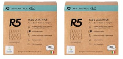 R5, Eco Waschmittel-Tabs, 60 Tabs für die Waschmaschine, mit Tensiden pflanzlichen Ursprungs, ohne Farbstoffe, Ecolabel-zertifiziert, 2 x 30 Pods | 100% pflanzliche Tenside, für weiße und gefärbte auch bei niedrigen Temperaturen, bleichend und hygienisch, ohne Farbstoffe