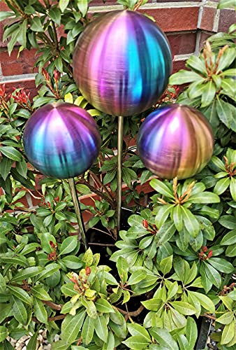 Jürgen Bocker Gartenambiente Rosenkugel 3er Set 15-15-10 cm Edelstahl Rainbow matt gebürstet mit Stab 80 cm