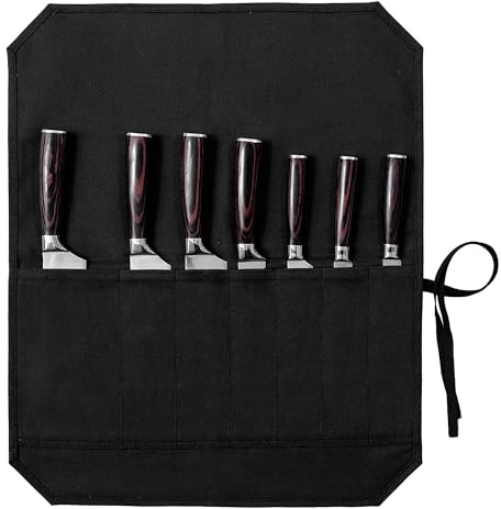 Kaaltisy Chef Knife Bag, Knife Roll with 7 Slots & Tie Rope, Heavy Duty 16oz Waxed Canvas Knife Carrier Bag - 17 x 20.5 - Black