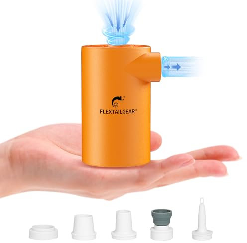 FLEXTAILGEAR EVO PUMP, Pompa ad Aria Elettrica Portatile, Alta Pressione 4,5 kPa, Batteria Ricaricabile da 3800 mAh, 5 Ugelli Multipli per Materassi ad Aria, Galleggianti per Piscine, Salvagenti