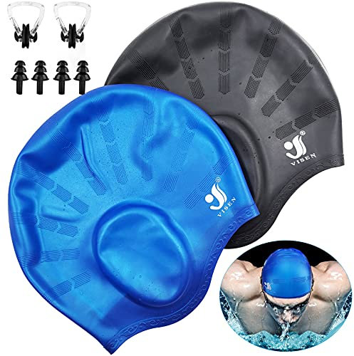 Unisex Silikon Badekappen-Ohrenschutz,2Pcs Wasserdichte Schwimmkappe für Kurze/Lange Haare mit Ohrstöpsel&Nasenklemme,Anti-Rutsch Elastische Badekappe für Frauen Männer Erwachsene Kinder(Schwarz+Blau)