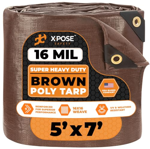 5' x 7' Super Heavy Duty 16 Mil Brown Poly Tarp Cover - Thick Waterproof, UV Resistant, Rip and Tear Proof Tarpaulin with Grommets and Reinforced Edges - by Xpose Safety
