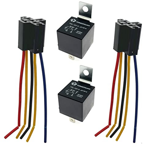 JZK 2 piezas 5 pines JD1914 12V 40A Relé de automóvil con toma de arnés, 30/40A SPDT 5Pin Relé de automóvil con cables etiquetados en color para automóvil Camión Van Motocicleta Barco
