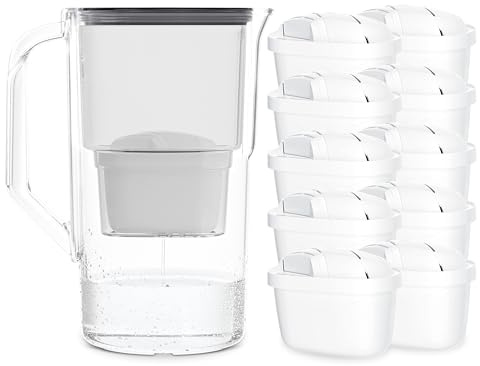 Wessper Jarra Filtradora de Agua de 2,8 Litros, Juego de Jarra y 10 Filtros Compatibles con Brita Maxtra, Sistema de Filtro Agua, Reducción de cal y Cloro - Negro