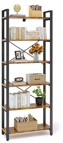 IRONCK Libreria Alta 2M, Scaffale Portaoggetti a 6 Ripiani, Scaffale per Libri industriale, legno con telaio in metallo, ripiani aperti, per ufficio, soggiorno, camera da letto, cucina, marrone nero