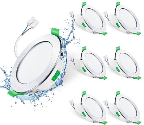 ALUSSO LIGHTING LED Recessed Ceiling Lights 230V 7W Ultra Flat Dimmable Downlights IP44 Spotlights for Bathroom, 3000K WarmWhite 4000K NeutralWhite 6500K CoolWhite Adjustable, 6Pack Round Chrome