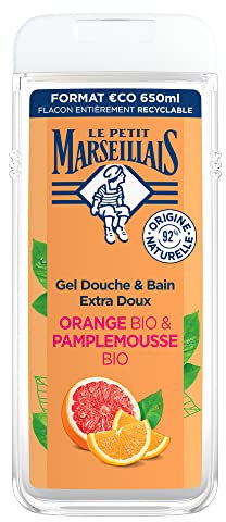 Le Petit Marseillais - Gel Douche & Bain Extra Doux Orange Bio & Pamplemousse Bio (flacon de 650 ml) – 92% d'ingrédients d'origine naturelle – pH neutre pour la peau et sans colorant