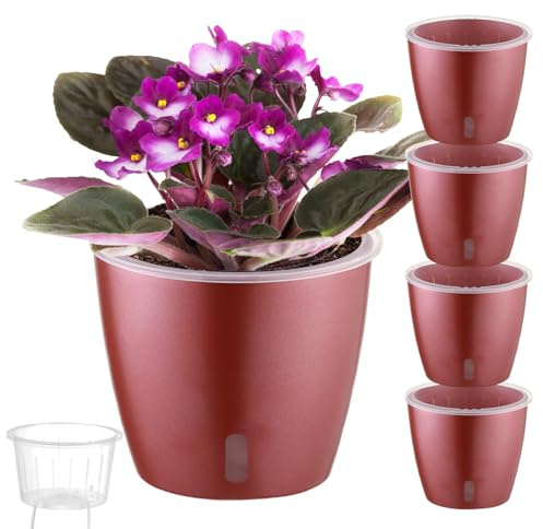 Confezione da 4 vasi autoirriganti con indicatore per piante da interno ed esterno, vaso viola africano da 17 cm per piante da esterno e fioriere per orchidee, edera del diavolo (oro rosa)