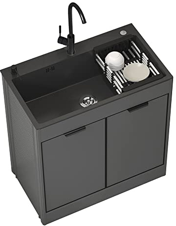 Évier d'extérieur, noir, évier de cuisine, 1 baignoire, meuble d'extérieur, évier multifonction noir à poser avec meuble de cuisine portable à baignoire simple pour restaurant commercial ( Couleur