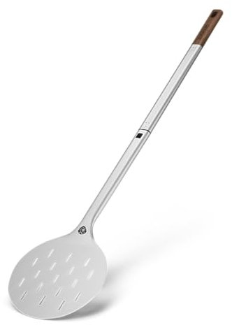 BURNHARD Pizzaschieber Pizza Turning Peel rund, Aluminium-Schaufel perforiert mit Akazienholz-Griff & Steckmechanismus, temperaturbeständig für Pizzaofen – 95 cm x 18 cm x 1,6 cm
