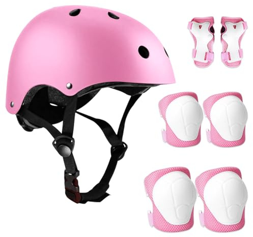 Udbrud Set di Casco Protezione Bambini, 7 in 1 Set di Casco Regolabile Gomitiere Polso Ginocchiere per Skateboard, Bicicletta, Pattinaggio, Monopattino,Rosa