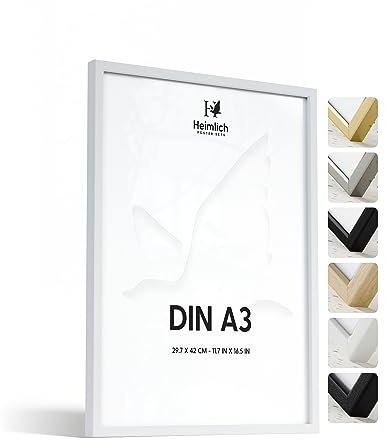 Heimlich Fotorahmen aus massivem Ayous-Holz – DIN A3 29,7 x 42 cm, Weiß | Heimlich® – Stabiler Bilderrahmen Aus Holz – Kleine Poster-Druckrahmen – Nur Wandhalterung