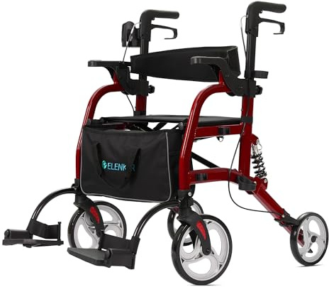 ELENKER 2 in 1 Rollator Walker & Transport Chair for Seniors, Folding Rolling Walker Wheelchair Combo with Wide Seat and Shock Absorber, Red