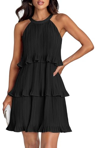 ZESICA Women's 2025 Summer Halter Dresses Sleeveless Ruffle Tiered Layered Chiffon Pleated A Line Swing Mini Dress,DarkBlack,Medium