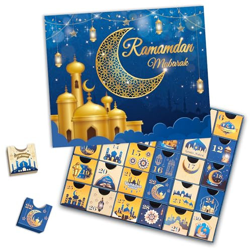 Ramdan Advent Calendar with Drawers, 30 Empty Boxes for 30 days, Eid Mubarak Coutdown Calendar Fillable Ramadan Gift Box, Islamic Art, Cardboard Number Storage Box, Ramadan Party Supplies - Blue