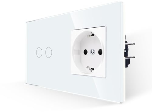 JIMEIDA Touch Lichtschalter mit Steckdose Weiß 2 Fach 1 Weg,Glas Panel und Status-LED Schalter 300W,157 * 86mm