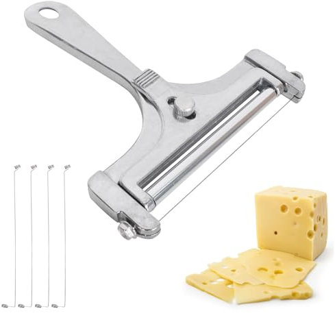 SAVOSWEET Käseschneider mit Rolle und Schneiddraht,Austauschbarer Draht Käseschneider,Verstellbarer Käsedrahtschneider,Variable Schnittstärke,Rollschnitt, Silber