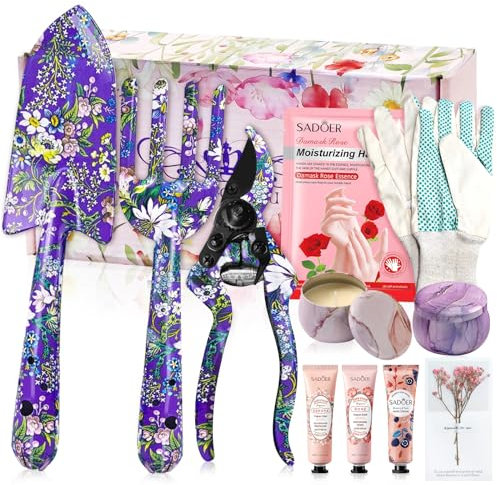 Gartengeschenke für Frauen, 11-teiliges Gartengeräte-Set, Blumendruck und schöne Geschenk-Box, Gartengeräte, 2 Kerzen und Handschuhe, 3 Handcreme, 1 feuchtigkeitsspendende Handmaske, Muttertags-,