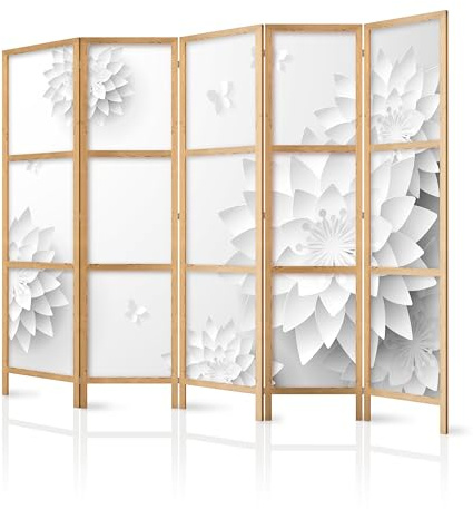 murando - Paravent Raumteiler Holz Botanik Abstrakt, 225x172 cm, 5-teilig | Mobiler Sichtschutz, sofort einsatzbereit, Holzrahmen, ideal fürs Wohnzimmer oder Büro, geruchsneutral, lichtbeständig