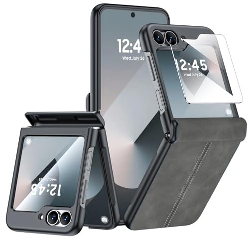 CENMASO for Samsung Galaxy Z Flip 6 Case with Screen Protector & Hinge Protection, Ultra-Thin Shockproof Leather Phone Case for Z flip 6(Black Gray)