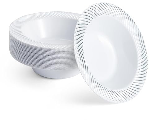 MATANA 20 Premium White Plastic Bowls with Silver Rim, 360ml - Elegant, Sturdy & Reusable - Soup & Dessert Bowls for Weddings, Birthdays, BBQ, Buffets, Catering, Parties