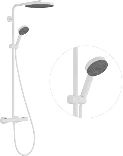 hansgrohe Pulsify S Puro - Duschsystem med termostat, Regndusch (⌀ 260 mm), Duschset med handdusch (3 stråltyper), duschslang, duschstång och rund huvuddusch, matt vit, 24236700