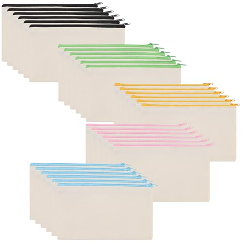 YAYODS Federmäppchen aus Segeltuch, mehrfarbige Reißverschlüsse, Stoff-Federmäppchen, Stoffbeutel Leinentaschen für Handwerk, Malerei, Schule, Heimwerken, 30 Stück (5 Farben), beige, 12CMx21CM