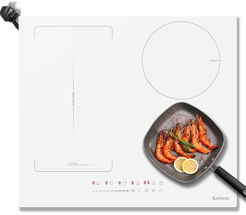 Karinear White Induction Hob 13AMP Plug 4 Zone Induction Hob 60cm with Flex Zone 2800W with Timer Auto Switch Off Safety Lock Boost