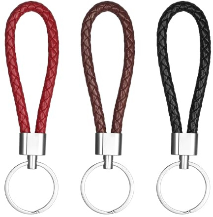 Lnngub Lot de 3 porte-clés en cuir tressé - Universel pour hommes et femmes - Avec anneau pour voiture, moto et maison (rouge, marron, noir)