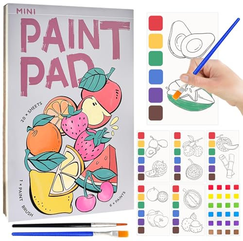20 Seiten Aquarell Malbuch, Obst Aquarell Ausmalbuch Kinder, Aquarellset mit 2 Wassertankpinsel, Mini Wasserfarben Malbuch Mitgebsel, DIY Wasserfarben Malpapier für Jungen Mädchen ab 3 4 5 Jahren