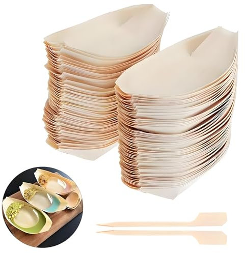 VEGCOO 100Pcs Cuencos Hondo Madera de Pino Cubiertos, Platos Desechables Biodegradable y Compostable, Cuencos para Servir Aperitivos Fiestas Catering Appetisers Curry Salchichas Sushi