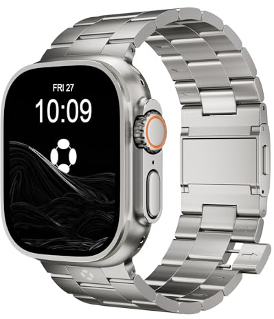 FiNESTONE Titanband kompatibelt med Apple Watch Ultra 2/1 49 mm, serie 10, 46 mm – 26 mm bredd, inga verktyg behöver justerbar rem för män/kvinnor, magnetiskt lås, naturlig titanfärg